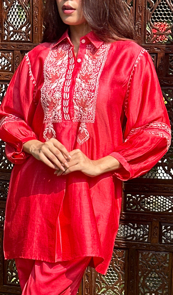 Women's Lakhnavi Handcrafted Chanderi Silk Chikankari Red Top And Pant Set