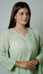 将图像加载到图库查看器中, Women's Lakhnavi Handcrafted Viscose Georgette Chikankari Kurta And Sharara Set With Dupatta - HONC0142362