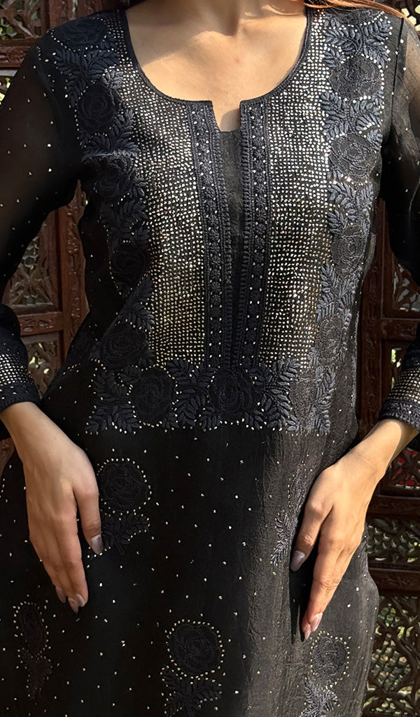 Rose Women's Lucknowi Handcrafted Pure Organza Silk Stitched Chikankari Kurta, Dupatta With Pant Set- HONC0264142