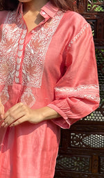 Load image into Gallery viewer, Women's Pink Lakhnavi Handcrafted Chanderi Silk Chikankari Top And Pant Set