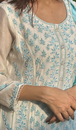Load image into Gallery viewer, Saziya Women's Lakhnavi Handcrafted Mul Chanderi Chikankari Kurta, Dupatta And Pant Set - HONC0229958