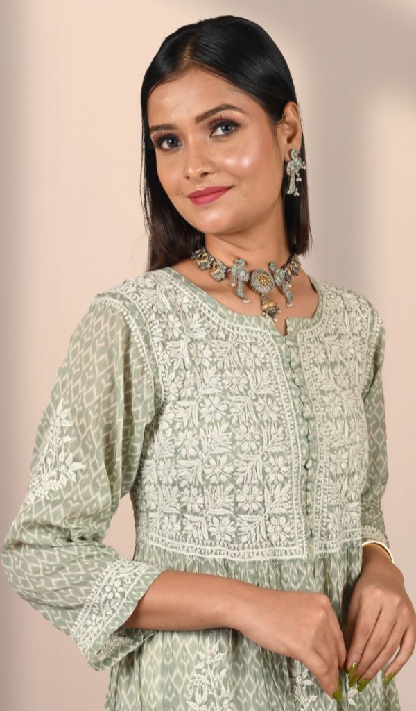 Aashiya Women's Lucknowi Handcrafted Cotton Chikankari Long Dress - HONC0309330
