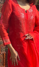 将图像加载到图库查看器中, Rose Women's Lucknowi Handcrafted Pure Organza Silk Stitched Chikankari Kurta, Dupatta With Pant Set- HONC0264141