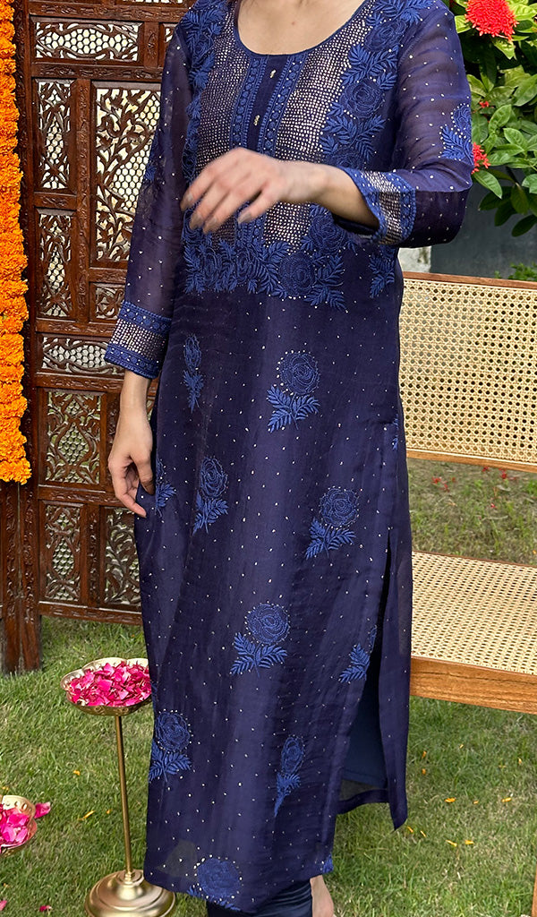 Rose Women's Lucknowi Handcrafted Pure Organza Silk Stitched Chikankari Kurta, Dupatta With Pant Set- HONC072938