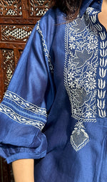 Load image into Gallery viewer, Women's Lakhnavi Handcrafted Chanderi Silk Chikankari Blue Top And Pant Set