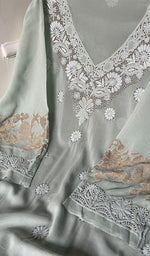 将图像加载到图库查看器中, Women's Lakhnavi Handcrafted Pure Silk Georgette Chikankari Semi-stitched Kurti Fabric - HONC0234666