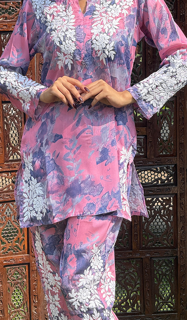 Farzeen Women's Lakhnavi Handcrafted Modal Silk Chikankari Top And Pant Set - HONC0246078