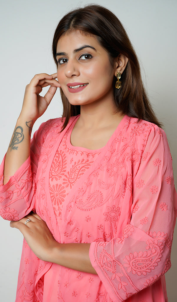 لکھنوی ہاتھ سے تیار شدہ غلط جارجٹ چکنکاری فرنٹ اوپن ڈریس - HONC0137254