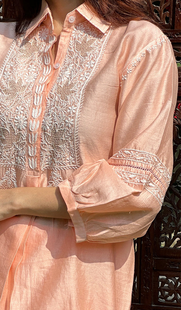 Women's Peach Lakhnavi Handcrafted Chanderi Silk Chikankari Top And Pant Set