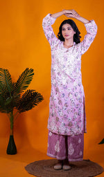 Load image into Gallery viewer, Ruskshi Women's Lakhnavi Handcrafted Cotton Chikankari Kurta And Palazzo Set - HONC0191169