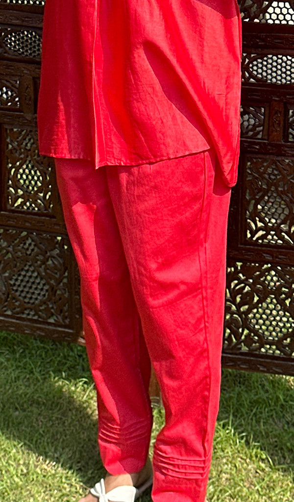Women's Lakhnavi Handcrafted Chanderi Silk Chikankari Red Top And Pant Set