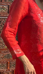 将图像加载到图库查看器中, Rose Women's Lucknowi Handcrafted Pure Organza Silk Stitched Chikankari Kurta, Dupatta With Pant Set- HONC0264141