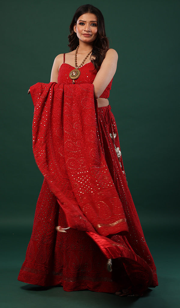 Women's Lakhnavi Handcrafted Bridal Pure Silk Georgette Chikankari Lehenga Set - HONC0146289