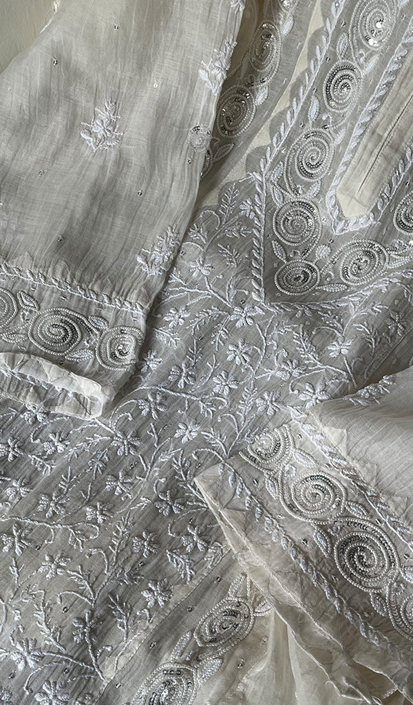 Aaliyah Women's Lakhnavi Handcrafted Mul Chanderi Semi-Stitched Kurta And Dupatta Set - HONC0214844