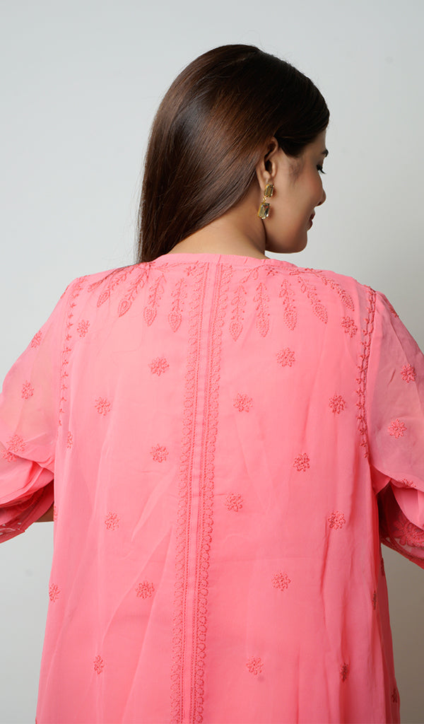 لکھنوی ہاتھ سے تیار شدہ غلط جارجٹ چکنکاری فرنٹ اوپن ڈریس - HONC0137254