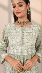 将图像加载到图库查看器中, Nisha Women's Lucknowi Handcrafted Printed Ikkat Cotton Chikankari Dress - HONC0144064