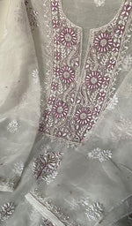 Load image into Gallery viewer, Women's Lakhnavi Handcrafted Organza Chikankari Semi - Stitched Kurta And Dupatta Set- HONC0237689