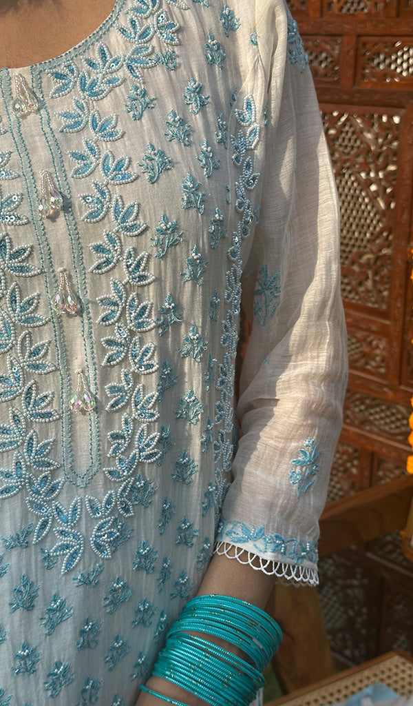 Saziya Women's Lakhnavi Handcrafted Mul Chanderi Chikankari Kurta, Dupatta And Pant Set - HONC0229958