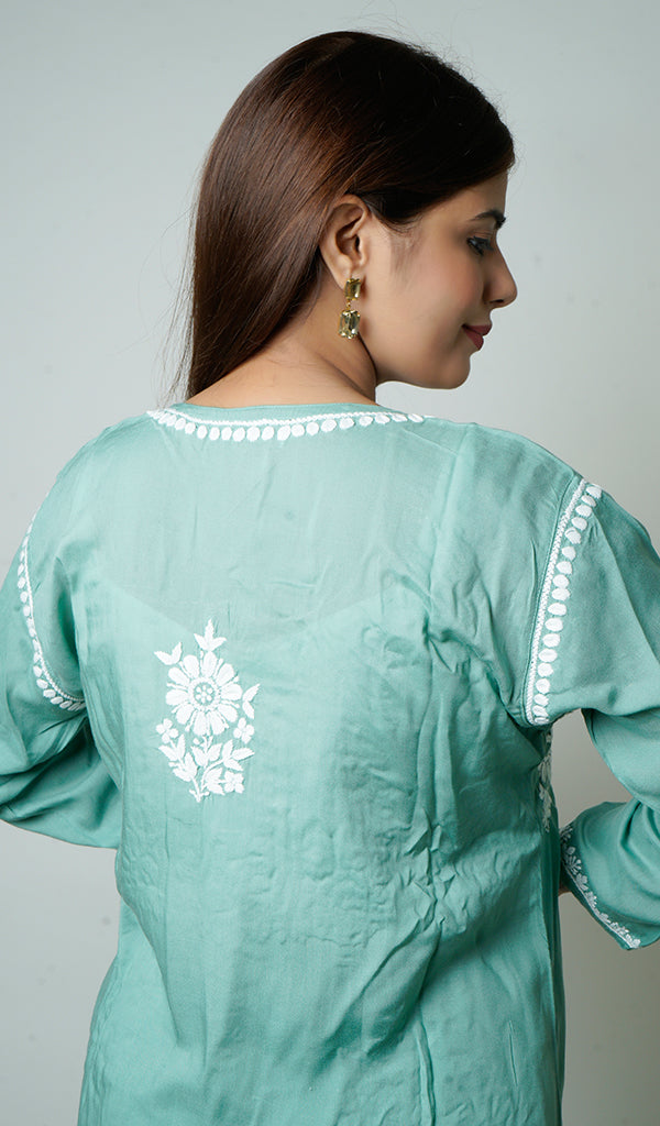 Women's Lakhnavi Handcrafted Modal Cotton Chikankari Kurta And Palazzo Set - HONC0132659