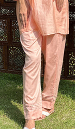 Load image into Gallery viewer, Women's Peach Lakhnavi Handcrafted Chanderi Silk Chikankari Top And Pant Set