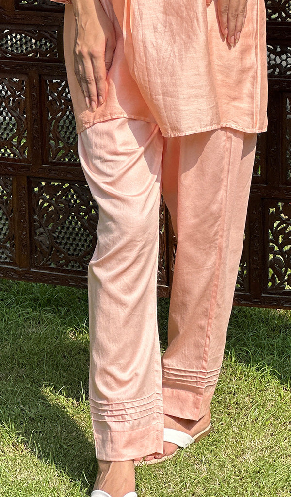 Women's Peach Lakhnavi Handcrafted Chanderi Silk Chikankari Top And Pant Set