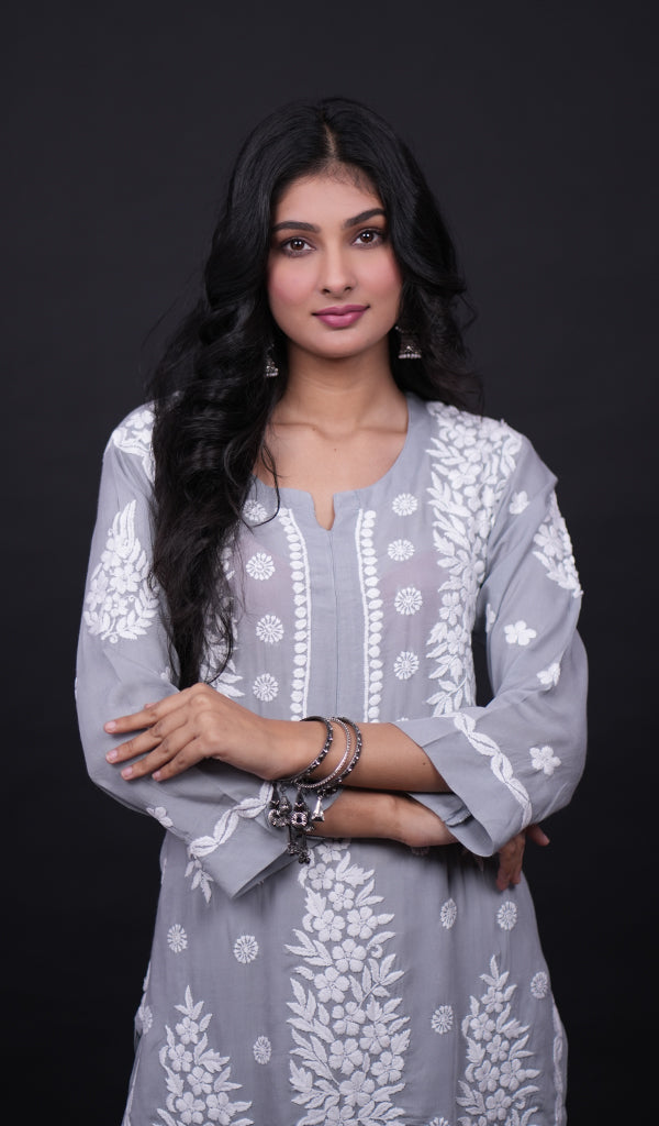Safina Women's Lakhnavi Handcrafted Modal Cotton Chikankari Kurta And Palazzo Set - HONC0124063