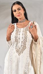 Load image into Gallery viewer, Women's Lakhnavi Handcrafted Mul Chanderi Chikankari Kurta, Dupatta And Pant Set - Honc086441