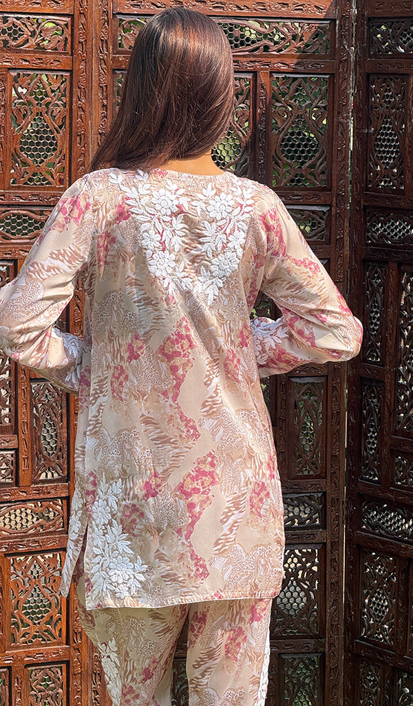 Farzeen Women's Lakhnavi Handcrafted Modal Silk Chikankari Top And Pant Set - HONC0246089