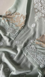 将图像加载到图库查看器中, Women's Lakhnavi Handcrafted Pure Silk Georgette Chikankari Semi-stitched Kurti Fabric - HONC0234666