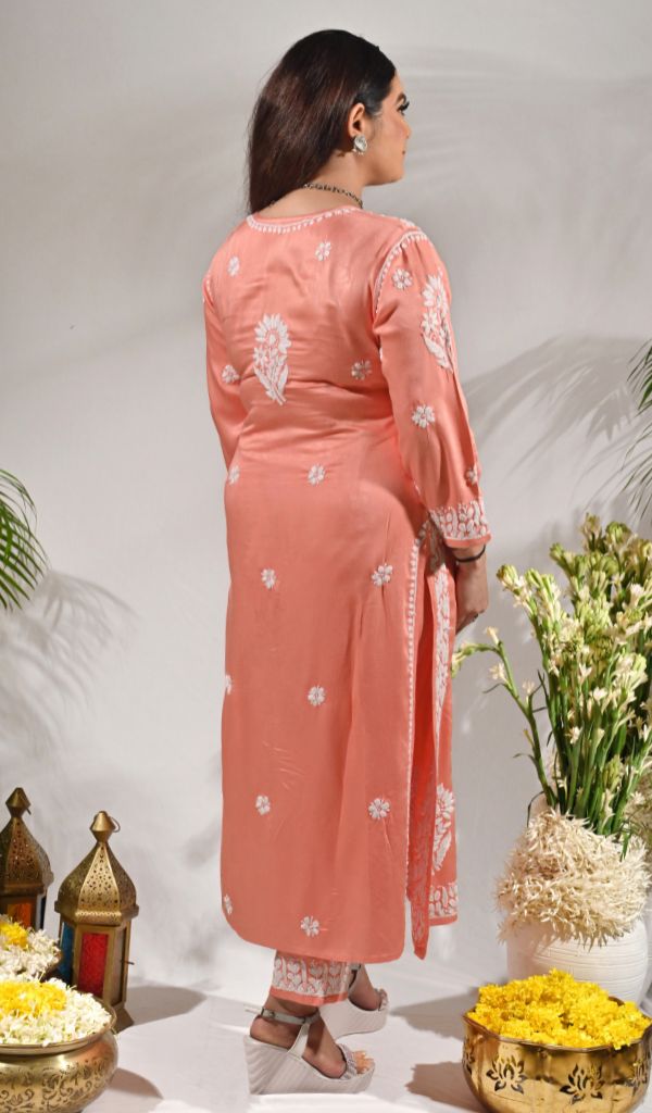 Women's Lakhnavi Handcrafted Modal Cotton Chikankari Kurta And Palazzo Set- HONC0132054