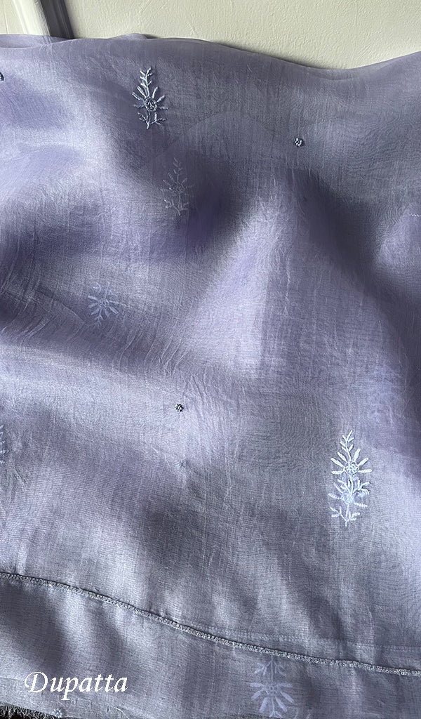 Women's Lakhnavi Handcrafted Pure Organza Chikankari Unstitched Kurta And Dupatta Set- HONC0SOLD