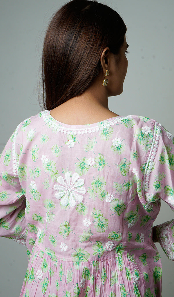 Women's Lakhnavi Handcrafted Printed Mulmul Cotton Chikankari Top - HONC0162224