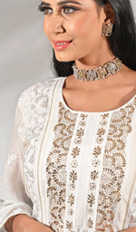 Load image into Gallery viewer, Women's Lakhnavi Handcrafted Mul Chanderi Chikankari Kurta, Dupatta And Pant Set - Honc086441