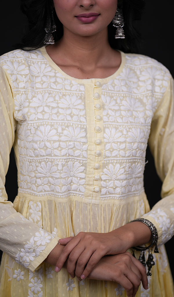 Zulekha Women's Lucknowi Handcrafted Mul Cotton Chikankari Gown - HONC0150412