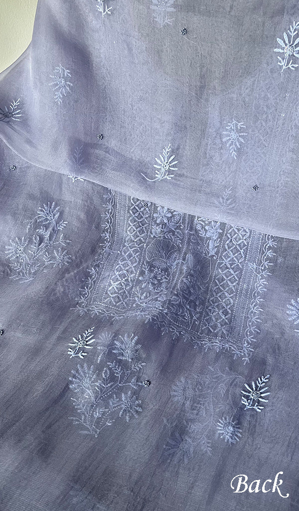 Women's Lakhnavi Handcrafted Pure Organza Chikankari Unstitched Kurta And Dupatta Set- HONC0SOLD