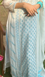Load image into Gallery viewer, Saziya Women's Lakhnavi Handcrafted Mul Chanderi Chikankari Kurta, Dupatta And Pant Set - HONC0229958