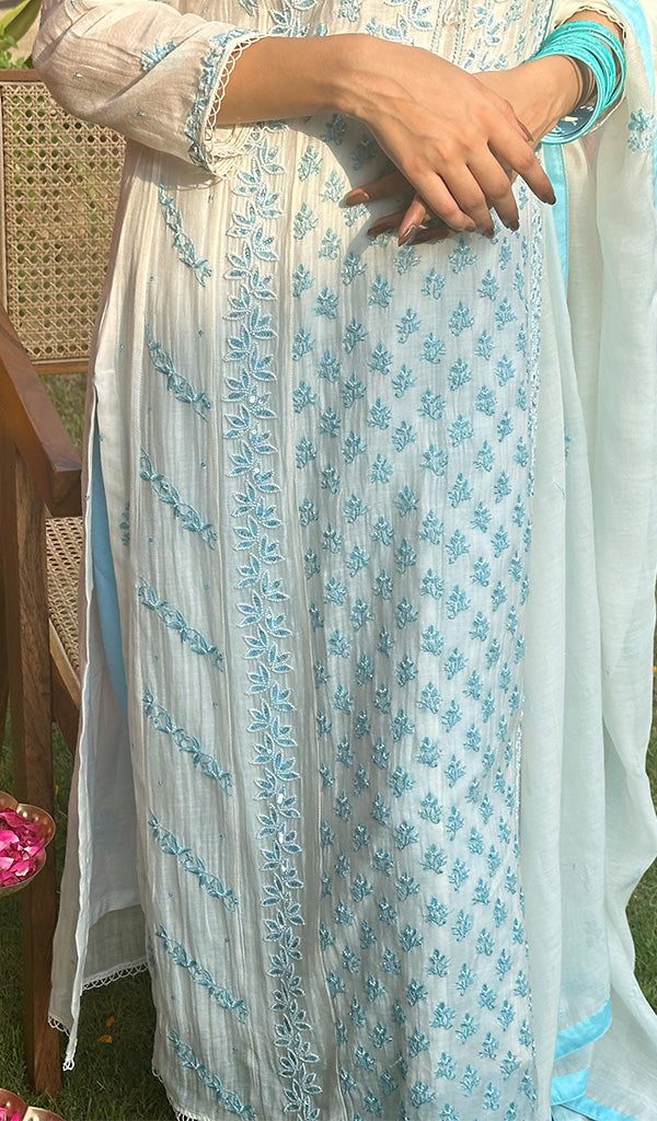 Saziya Women's Lakhnavi Handcrafted Mul Chanderi Chikankari Kurta, Dupatta And Pant Set - HONC0229958