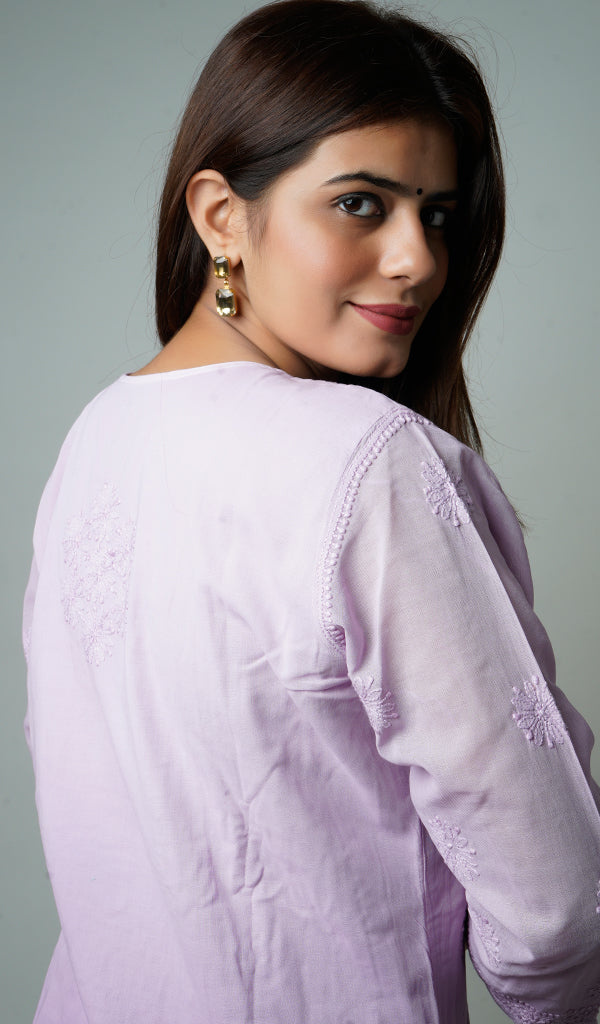 Women's Lakhnavi Handcrafted Cotton Chikankari Kurta, Palazzo and Dupatta Set - HONC0115710