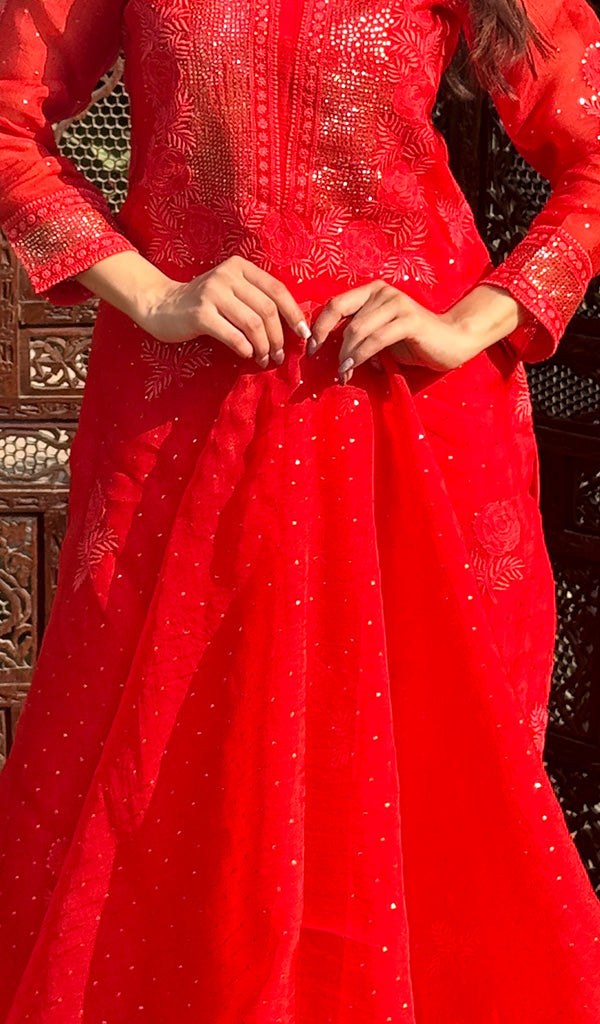 Rose Women's Lucknowi Handcrafted Pure Organza Silk Stitched Chikankari Kurta, Dupatta With Pant Set- HONC0264141