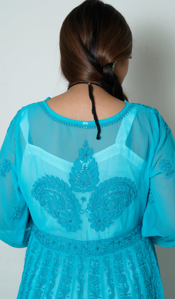 Fiza Women's Lakhnavi Handcrafted Turquoise Faux-Georgette Chikankari Anarkali Dress - NC0854