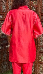 Load image into Gallery viewer, Women's Lakhnavi Handcrafted Chanderi Silk Chikankari Red Top And Pant Set