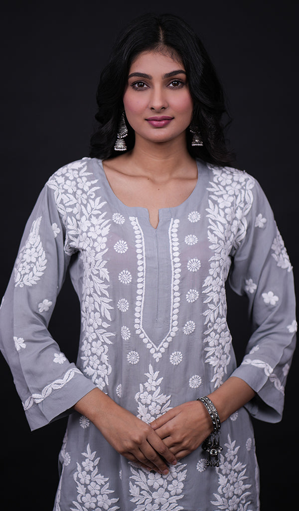 Safina Women's Lakhnavi Handcrafted Modal Cotton Chikankari Kurta And Palazzo Set - HONC0124063