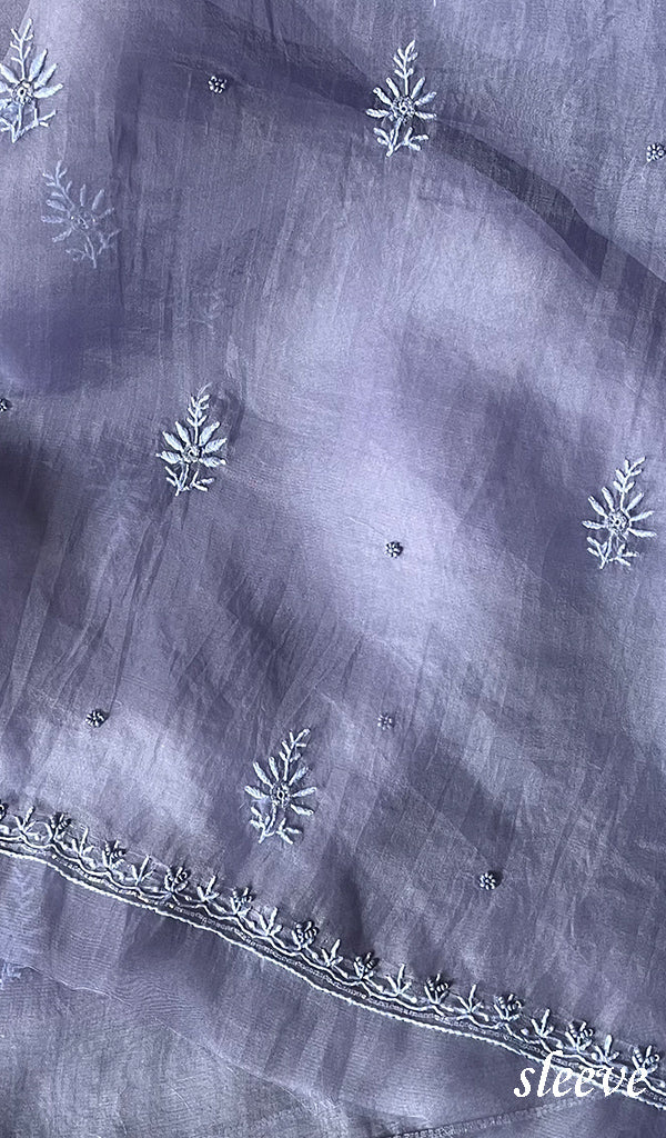 Women's Lakhnavi Handcrafted Pure Organza Chikankari Unstitched Kurta And Dupatta Set- HONC0SOLD