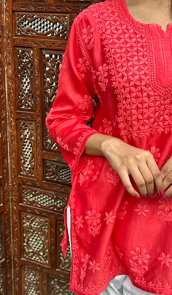 Hania Women's Lakhnavi Handcrafted Chanderi Silk Chikankari Top - HONC0237453