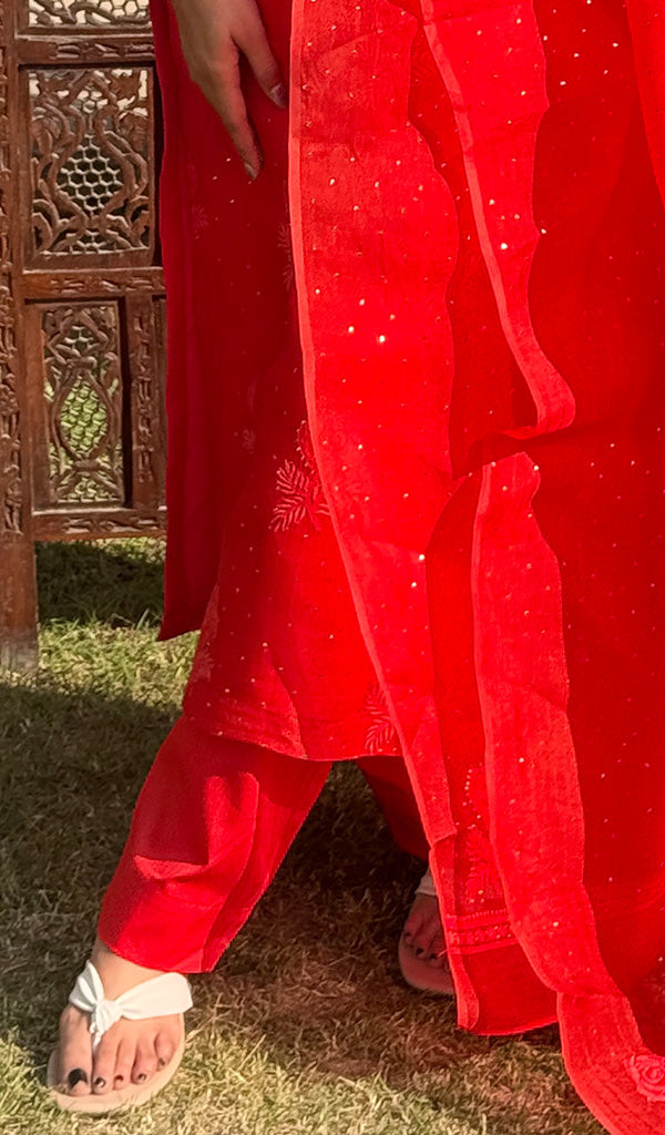 Rose Women's Lucknowi Handcrafted Pure Organza Silk Stitched Chikankari Kurta, Dupatta With Pant Set- HONC0264141