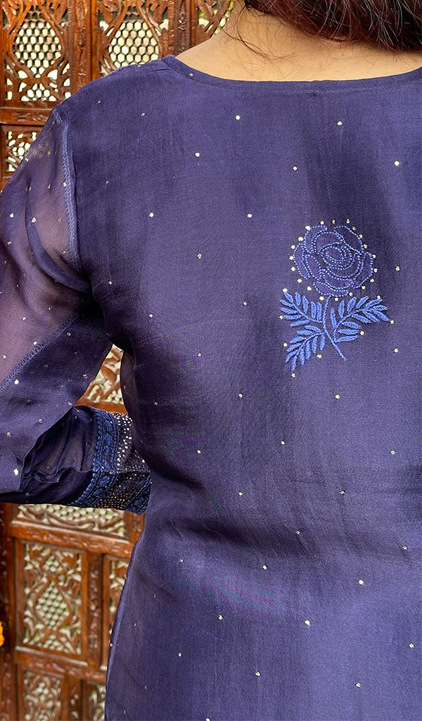 Rose Women's Lucknowi Handcrafted Pure Organza Silk Stitched Chikankari Kurta, Dupatta With Pant Set- HONC072938