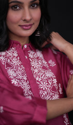 Load image into Gallery viewer, Women's Lakhnavi Handcrafted Chanderi Silk Chikankari Top and Pant Set - HONC0166319