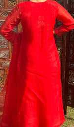 将图像加载到图库查看器中, Rose Women's Lucknowi Handcrafted Pure Organza Silk Stitched Chikankari Kurta, Dupatta With Pant Set- HONC0264141