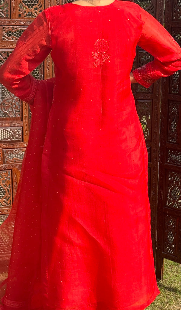 Rose Women's Lucknowi Handcrafted Pure Organza Silk Stitched Chikankari Kurta, Dupatta With Pant Set- HONC0264141