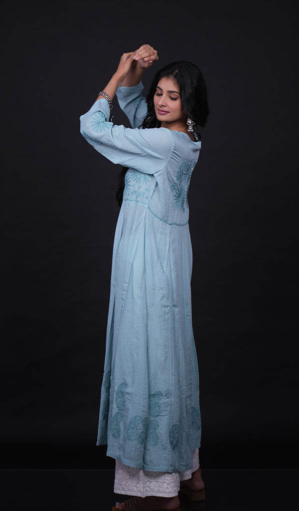 Sabana Women's Lucknowi Handcrafted Mul Cotton Chikankari Anarkali Dress- HONC0164020